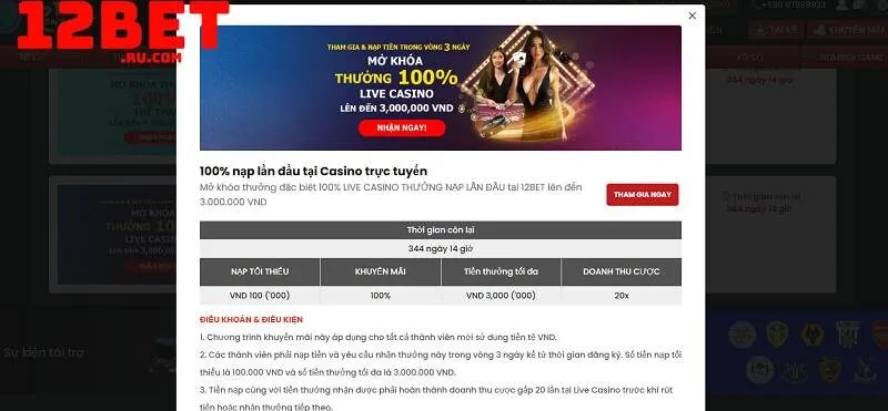 Nạp tiền lần đầu tại sảnh casino live 12BET 